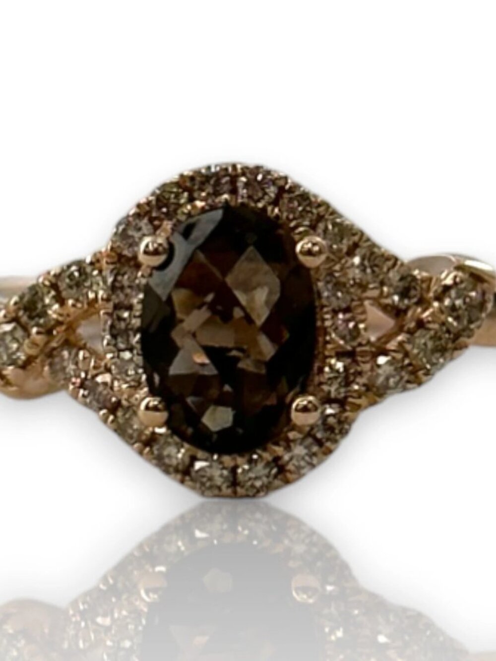 LeVian Chocolatier 14kt Rose Gold Smokey Quartz Ring Diamond Halo Size 7